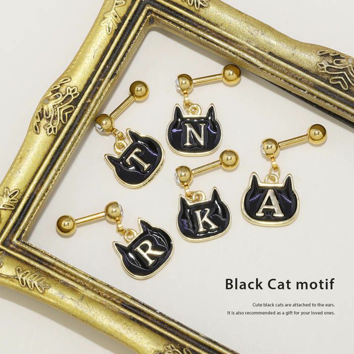 16G 14G 軟骨ピアス ネコ 動物 イニシャル 黒猫 ボディピアス
