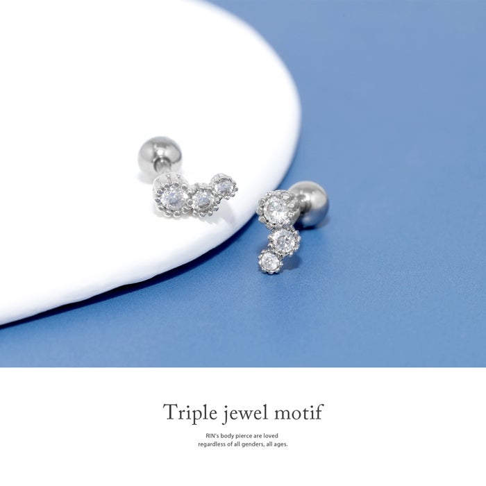 16G 軟骨ピアス 3連ジュエル キュービックジルコニア イヤーフィット