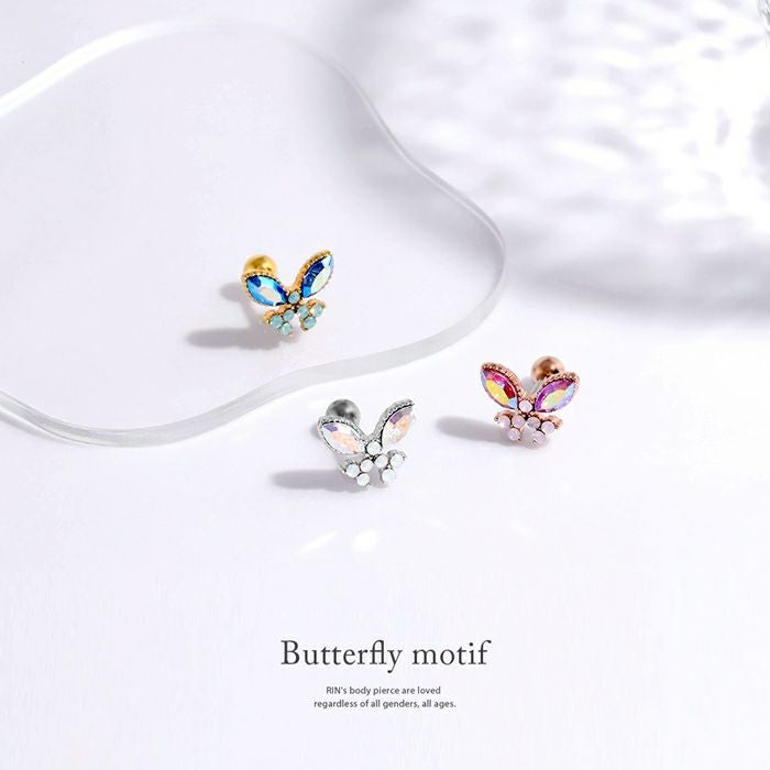 軟骨ピアス 16G 蝶々 バタフライ ジュエル キュービックジルコニア