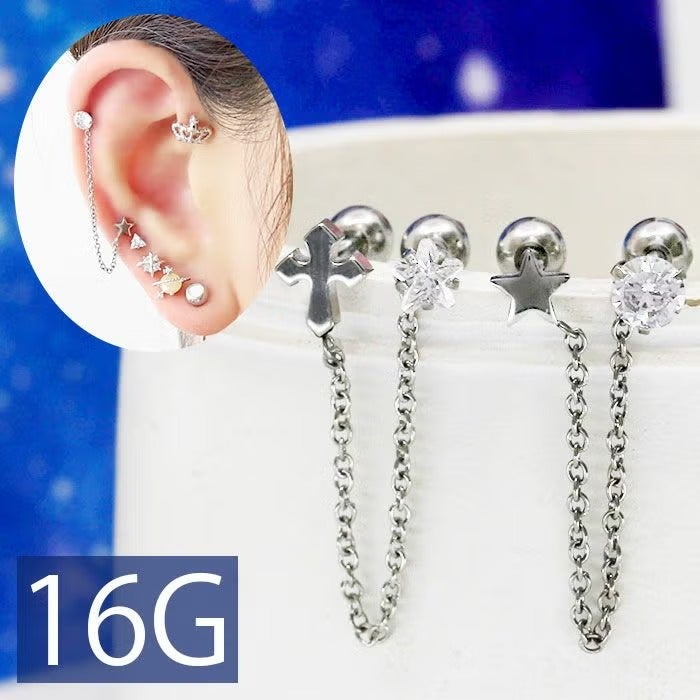 ボディピアス 軟骨ピアス 16G 立爪 ジュエル チェーン スター クロス