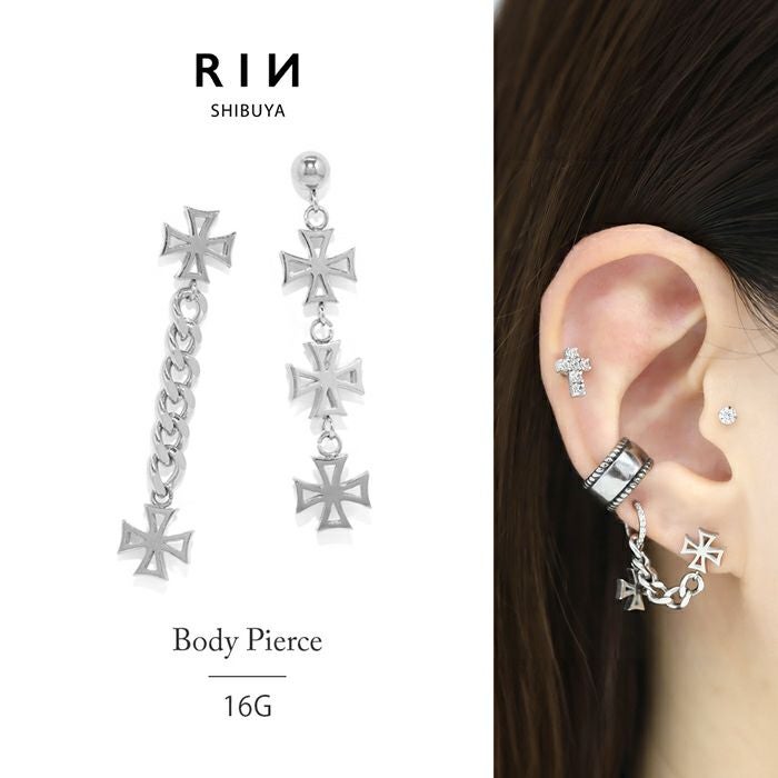 ボディピアス 16G 軟骨ピアス クロス チェーン チャーム 16ゲージ