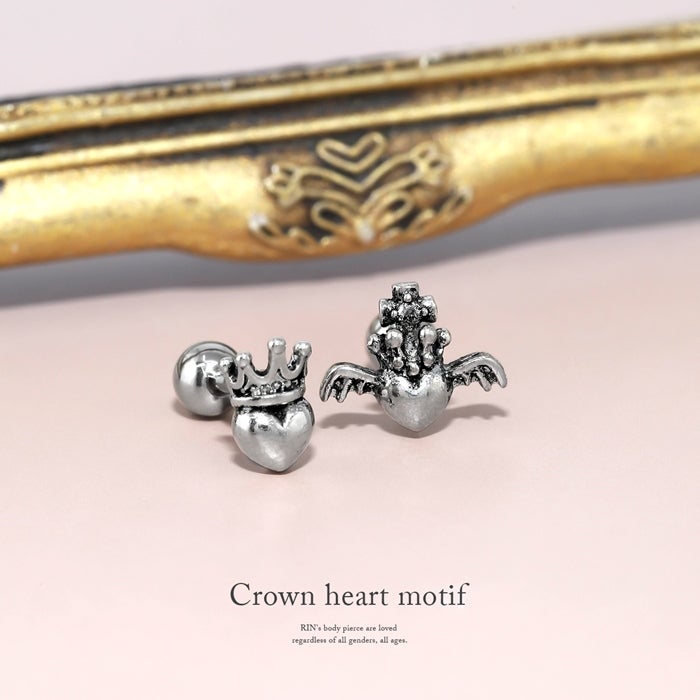16G 軟骨ピアス ハート王冠 王様 翼 ウィング シルバー スタイリッシュ