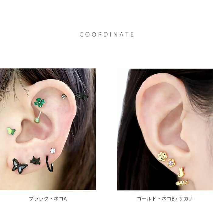 軟骨ピアス 16G ネコ サカナ 猫 魚 かわいい ねこ 魚の骨 シルエット