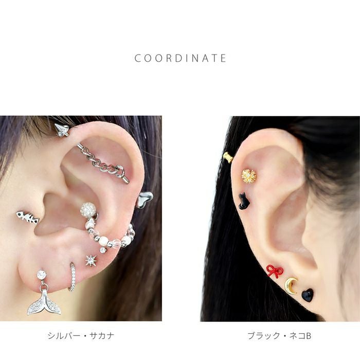 軟骨ピアス 16G ネコ サカナ 猫 魚 かわいい ねこ 魚の骨 シルエット