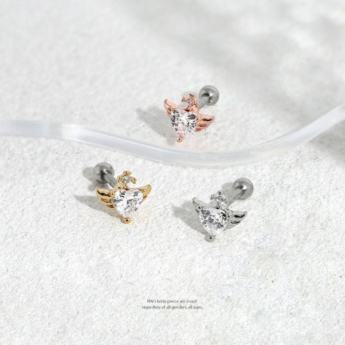 軟骨ピアス 16G ハート 翼 エンジェル ウィング 羽 ジュエル