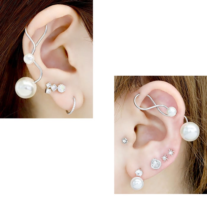 16G 軟骨ピアス 変形 ウェーブ パール デザインピアス 片耳用 変形0039