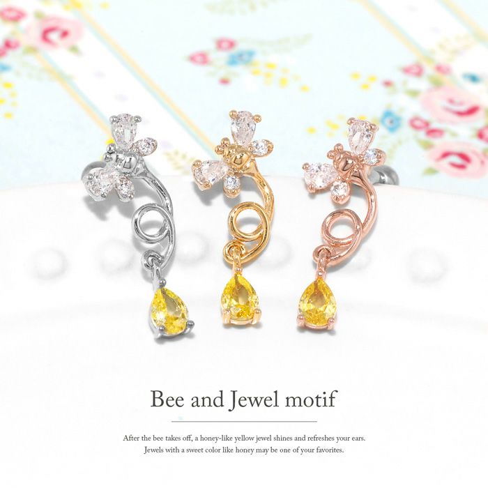 16G 軟骨ピアス 蜂 ミツバチ ジュエル Bee ストレートバーベル 片耳用