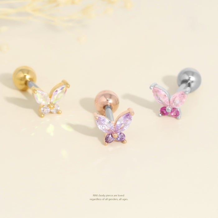 16G 軟骨ピアス バタフライ 蝶々 ジュエル ストレートバーベル 片耳用