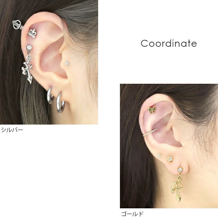 16G 14G 軟骨ピアス 十字架 クロスチャーム ゴシック ストレート