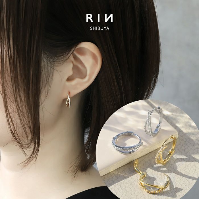 ピアス ワンタッチ ジュエル キュービックジルコニア 2連フープ