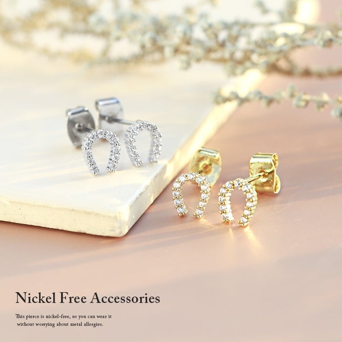 ピアス 馬蹄 ホースシュー キュービックジルコニア 18K ロジウム