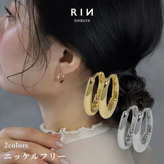 ピアス オーバルリング ワンタッチ ピアス 18K ロジウムコーティング
