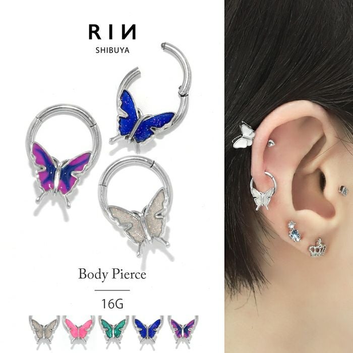 16G 軟骨ピアス 蝶 バタフライ ラメ キャッチレス サージカル
