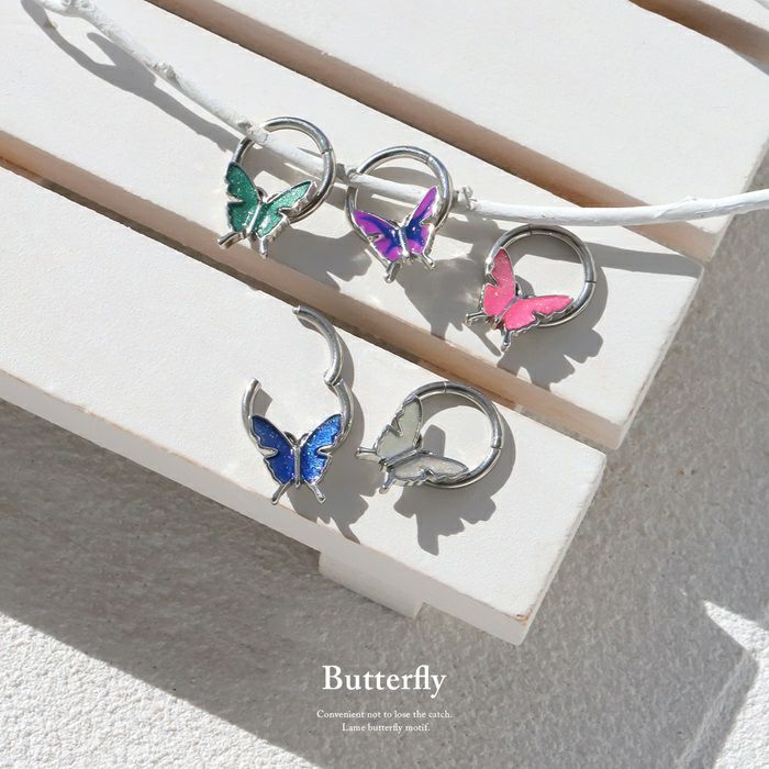 16G 軟骨ピアス 蝶 バタフライ ラメ キャッチレス サージカル