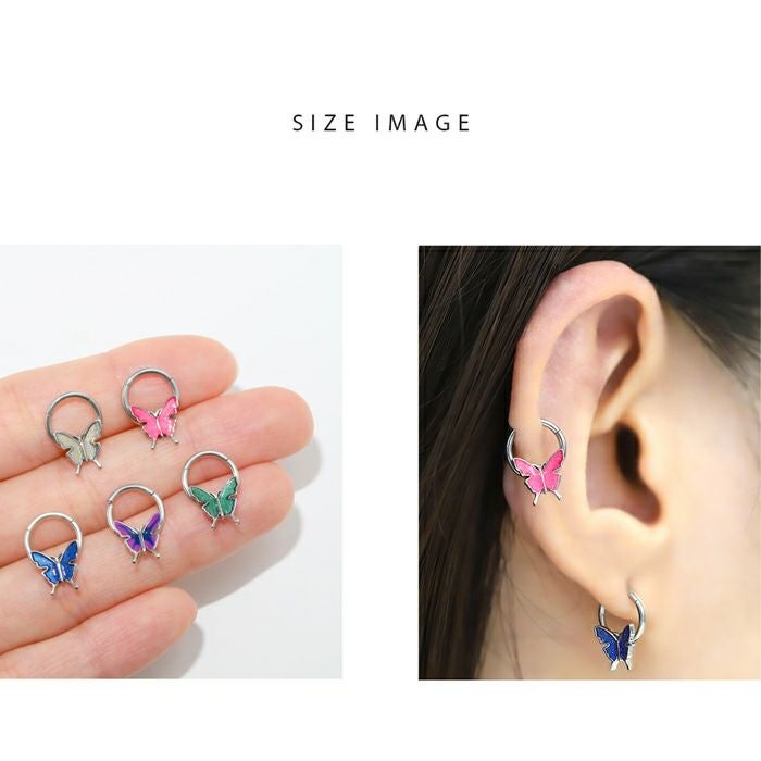 16G 軟骨ピアス 蝶 バタフライ ラメ キャッチレス サージカル