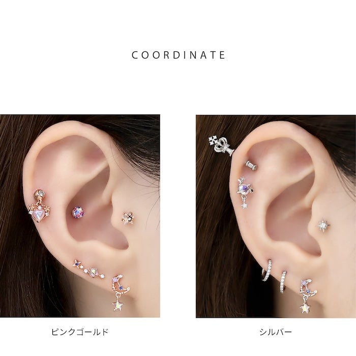 *六角形のピアス*【瞑天の月】 三日月とジュエルの星ピアス｜ボディピアス凛【公式】