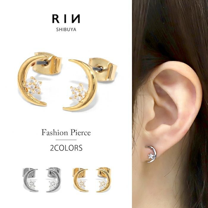 ピアス 18Kコーティング ムーン 三日月 星 スター CZ ストーン きれい