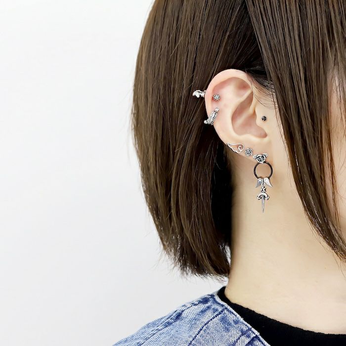 16G 軟骨ピアス カスタム セット 薔薇 バラ エンジェル デビル 羽 剣