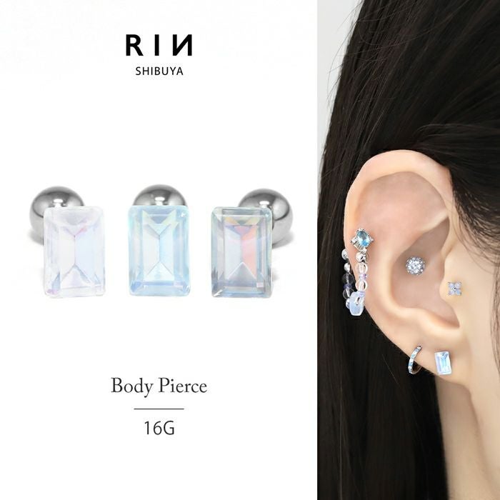 16G 軟骨ピアス スクエア 長方形 ストーン ガラス シンプル クール