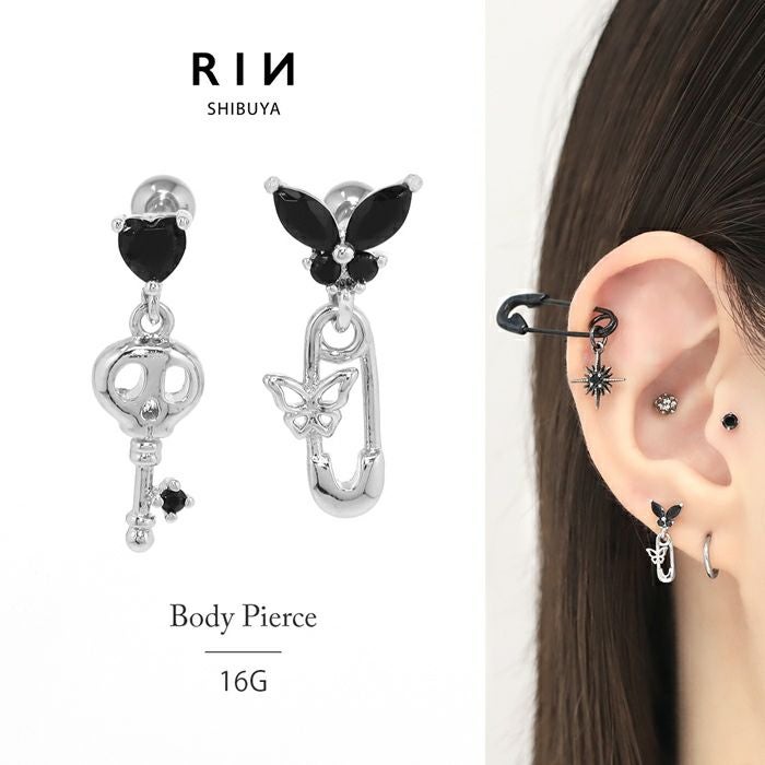 16G 軟骨ピアス 蝶 ドクロ 安全ピン 鍵 ハート ジュエル かわいい 個性