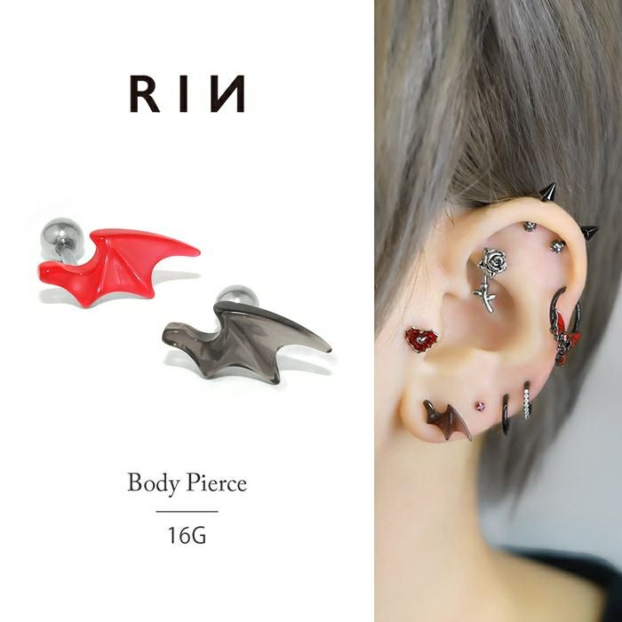 軟骨ピアス 16G デビル 悪魔 羽 翼 アクリル クール レッド ブラック
