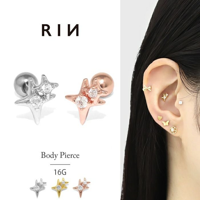 軟骨ピアス 16G 星 スター キラキラ オーロラ ジュエル キュービック
