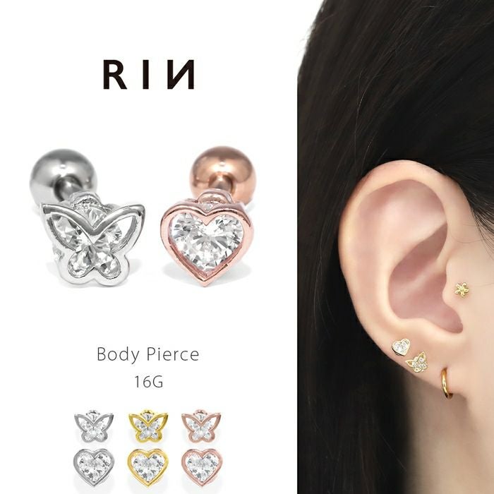 軟骨ピアス 16G バタフライ ハート 蝶 ジュエル キラキラ かわいい