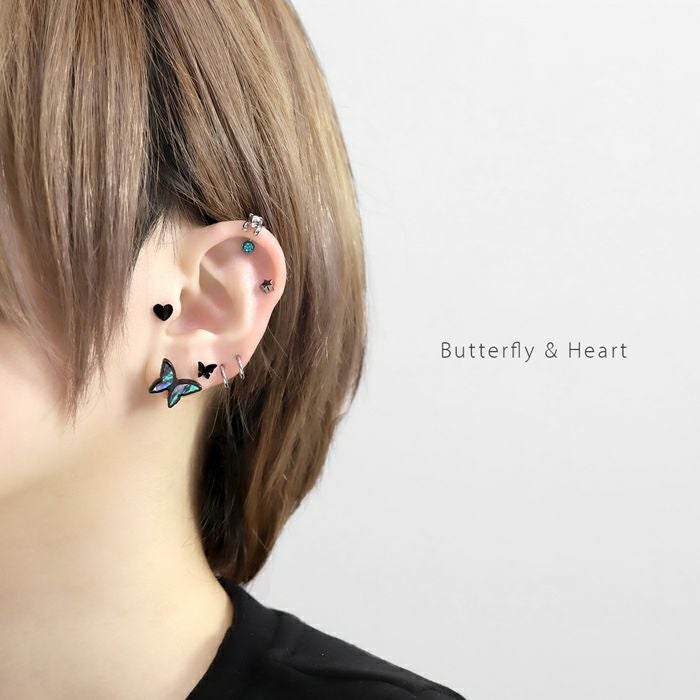 軟骨ピアス 16G 蝶 ハート 黒 バタフライ ちょうちょ ブラック