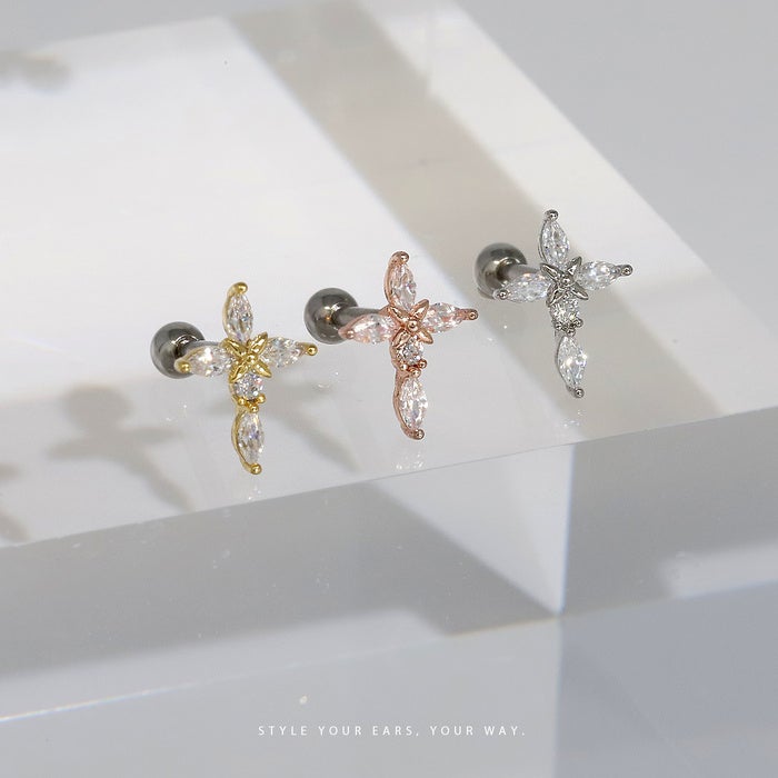 シルバー パール クロスモチーフ ピアス(片耳用) ボディピアス 16G 軟骨ピアス クロス 十字架 ジュエル キュービック